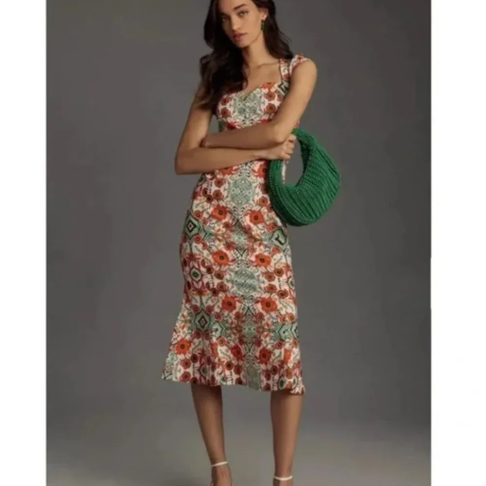 Anthropologie Cecily Fit &‎ Flare Sweetheart Midi Dress XL Petite Orange Motif